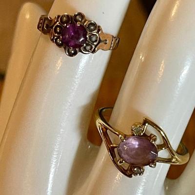 Antique Gold Plate Victorian Red Stone Ring W Miniature Pearls - Size 5 & 18K Gold Plate Ring W Purple Stone 