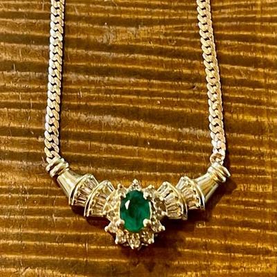 Loveland 14K Gold - Faceted Emerald And Bagette Diamond Pendant Necklace - Total Weight 6.47 Grams 