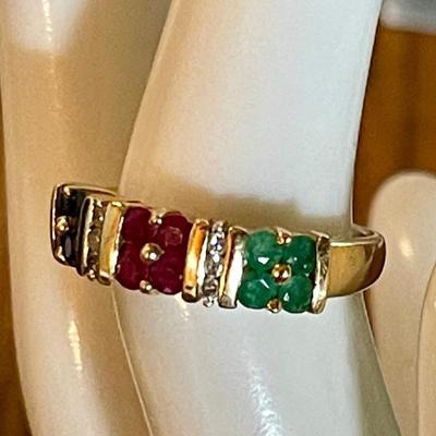 Fine 14K Yellow Gold - Diamond - Emerald - Sapphire & Ruby Ring (as Is) Size 7 - Total Weight 4.22 Grams 