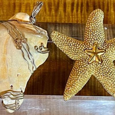 2 Vintage Pendants - Shell - Bead & Wrapped Wire & Gold Tone Vintage Starfish 