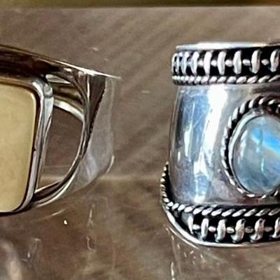 (2) Sterling Silver Rings - Moonstone & Amber Both Size 6.5 - Total Weight 10.46 Grams 