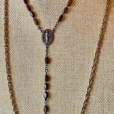 Antique Butter Scotch Amber Prayer Beads - Vintage Wood Bead Rosary Necklace France & Gold Tone 26 Inch Chain 
