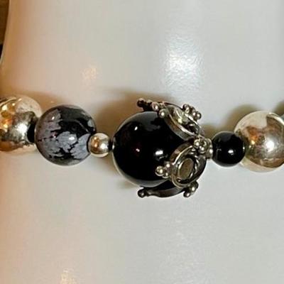 Sterling Silver - Snowflake Obsidian Bead 7 Inch Bracelet - Total Weight 20.25 Grams 