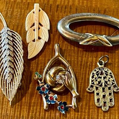  Trifari Gold Tone Rhinestone Leaf Pin - Antique Wishbone Pin - Oval Pin - Carved Bone Leaf - Hamsa Pendants 
