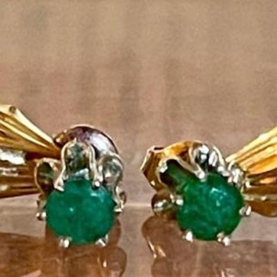 Pair Of Fine 14K Gold & Emerald Post Earrings With Gold Covers - Total Weight 2.28 Grams 