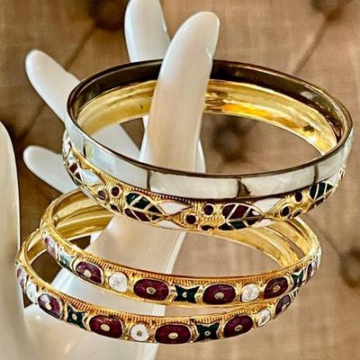 (3) Assorted Gold Tone & Enamel Bangle Bracelets (1) Mother Of Pearl Bangle Bracelet 