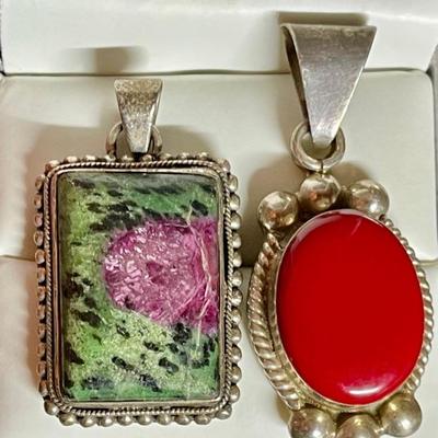 Sterling Silver & Ruby Zoisite Pendant & Sterling Silver & Red Oxblood Coral Vintage Mexico Pendant - 31.82 Gr