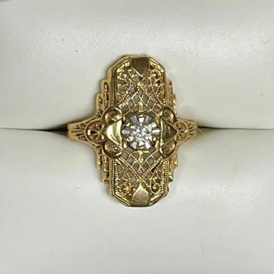 Vintage 1940's Ringcraft 14K Yellow Gold & Diamond Filigree Ring Size 5.75 - Total Weight 2.95 Grams 