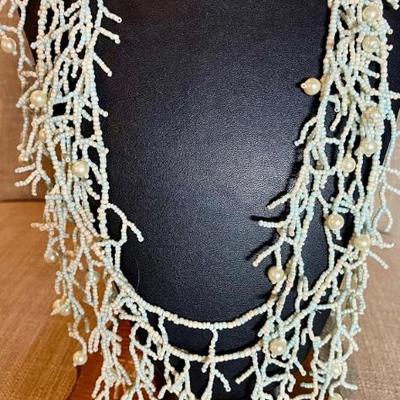 Stunning 56 Inch Seed Bead And Faux Pearl Necklace 