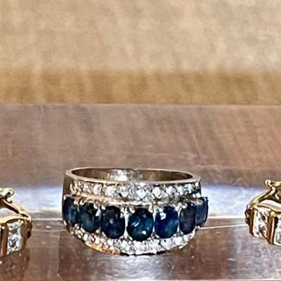 Pair Of Gold Wash 925 Sterling Silver Hoop Earrings & Silver Tone Ring With Blue Sapphire Stones Size 6