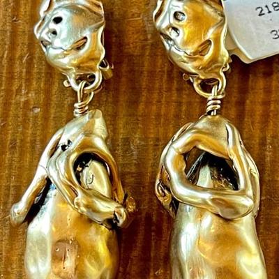 Pair Of Vintage Brutalist 1980's Bloomingale's Brass Tone Metal Clip On Earrings 
