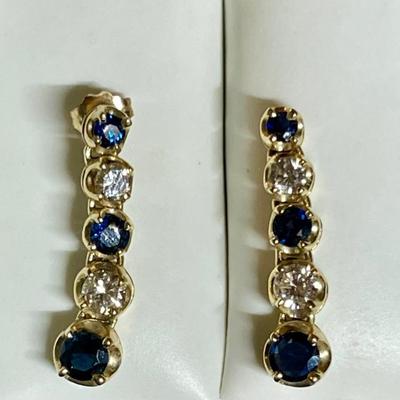14K Yellow Gold - Fine Round Diamond & Sapphire Drop Earrings - Total Weight - 3.87 Grams 