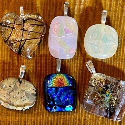 6 Vintage Art Glass Pendants - Iridescent Glass - Heart And More 