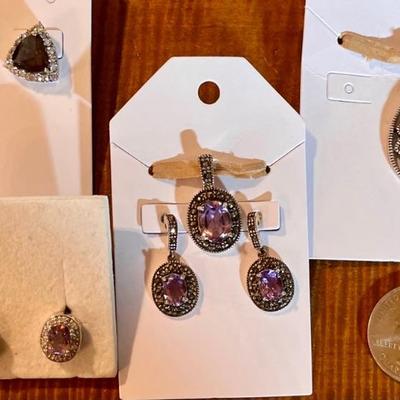 Sterling Silver - Marcasite & Amethyst Pendants & Earrings - 925 Garnet Pendant & Brown Stone Earrings 