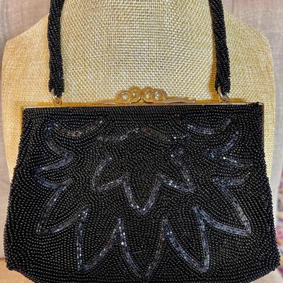 Mid Century Italian Black Seed Bead Evening Bag W Gold Tone Clasp & Frame - Made In Japan Satin Lining