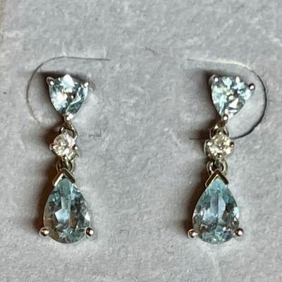 14K White Gold - Diamond & Blue Topaz Drop Earrings By WBH - Total Weight 2.34 Grams 