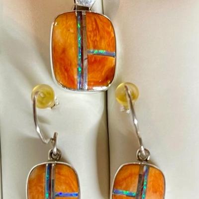 Cathy Webster Navajo Sterling Silver & Spiny Coral & Opal Pendant & Matching Earrings - Total Weight 8.36 Gr 