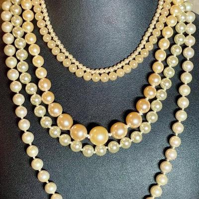 5 Vintage Faux Pearl Necklaces - Sarah Coventry With Sterling Clasp 