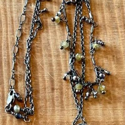 Sterling Silver 20 Inch Boho Yellow Stone Bead & Pearl Double Strand Necklace