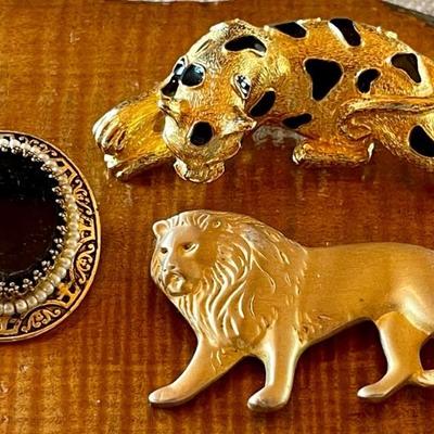 1980's Gold Tone & Black Enamel Leopard & MMA Gold Tone Lion & Oval Black Glass Pin Pendant 