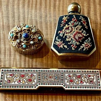 Vintage Cross Stitch Brass Perfume Bottle Holder W Glass Bottle & Gold Tone & Stone Hinged Pill Box & Comb