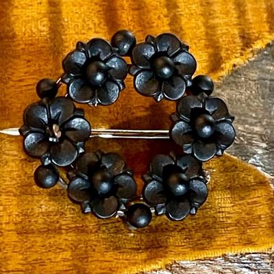 Civil War Era Small Victorian Mourning Brooch Pin Gold Filled Setting With Black Flowers 