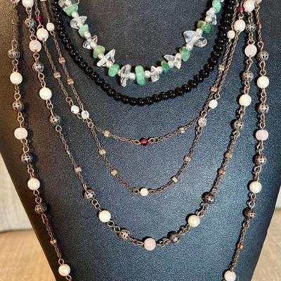 (3) Boho Necklaces - Clear Quart & Jadeite Chip - Onyx Round Bead & Rose Quartz, Garnet & Pearl Multi Strand