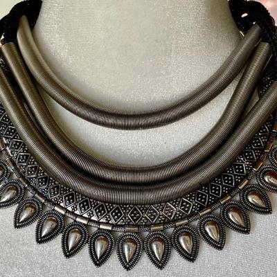 Two Vintage Silver Tone Brutalist Choker Necklaces, 3 Strand Spring W Black Cord & Metal 16 InchPetal Choker 