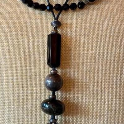Gorgeous Brutalist Statement Silver Tone Bead & Art Glass Necklace  &  MMA Black Faceted Double Strand Glass 