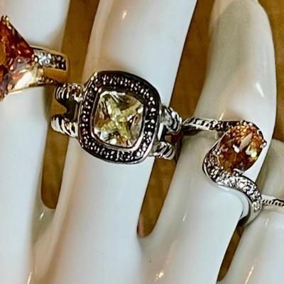 (4) Silver Tone & Faceted Stone Rings - Blue Heart - Orange & Light Green - All Size 7 
