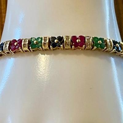 Stunning 14K Gold - Diamond - Emerald - Ruby & Sapphire Stone 7 Inch Bracelet (as Is) Weight 16.63 Grams 