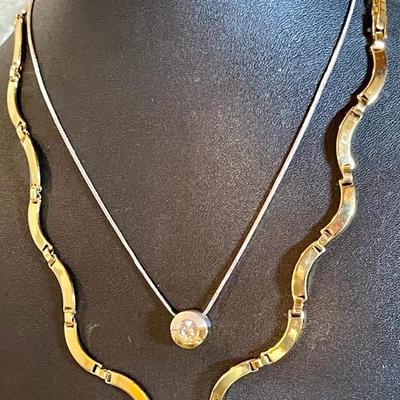 (2) Vintage Gold Tone & Silver Tone 18 Inch Necklaces (1) With Crystal 