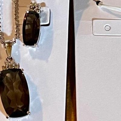 14K White Gold & Smoky Quartz Earrings - Pendant & 18 Inch Necklace - 14K Gold Black Enamel Pendant