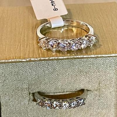 (2) JTV Sterling Silver & Clear Stone Band Rings Size 7.5 & Sie 8.25 - With (1) Box 