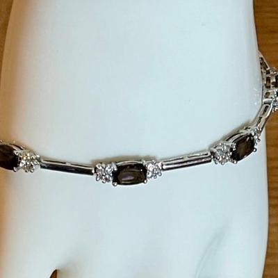 Sterling Silver Bracelet With Brown Stone & Crystals Size 7 - Total Weight 7.68 Grams 