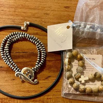 (2) Vintage Bracelets - Silver Tone & Hints Pave Picture Jasper Bead Cross NIP - Sterling Silver Clasp Choker 