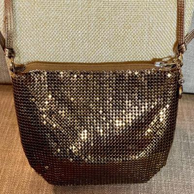 Vintage Whiting And Davis Metal Mesh Gold Tone Purse Bag With Gold Thin Leather Strap