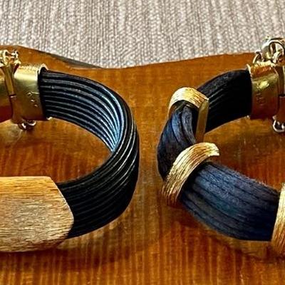 Vintage 1980's Signed Rizzo Multi Leather Strap & Gold Tone Accent 7 Inch Bracelets 