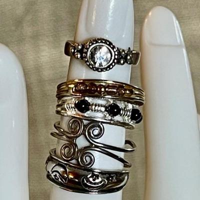 (5) Silver Tone Assorted Size Toe Rings - Rhinestones & Beads 