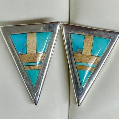 First American Traders Gallup New Mexico Sterling Silver - Turquoise & Stone Earrings - Total Weight 10.59 Gr 