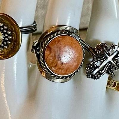 (4) Vintage Rings - Gold Tone Band - Cross - Bead & Brass And Orange Stone 