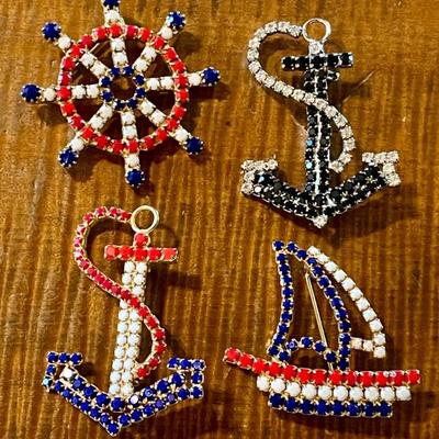 (4) Vintage Nautical Theme Rhinestone Pins - (2) Anchors - Boat & Ship's Wheel 