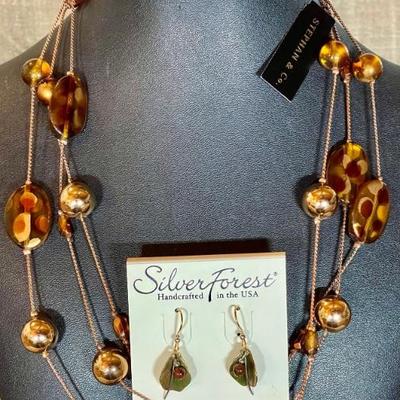 Stephan & Co Faux Amber Three Strand 20 Inch Necklace & Matching Earrings & Silver Forest Leaf Earrings