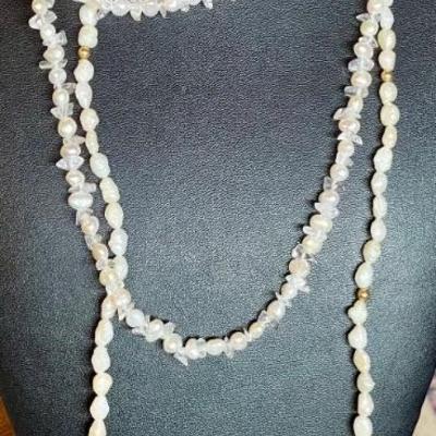 Fresh Water Pearl - Clear Quartz Chip Bead Necklace W Sterling Silver Claps & Fresh Water Pearl Necklace 