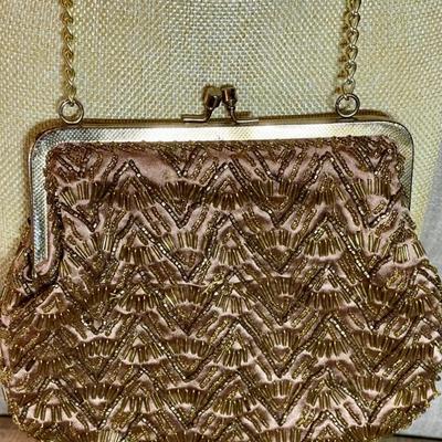 Mid Century Seed Bead & Satin Evening Bag With Gold Metal Chain Handle Made In China Satin Lining 