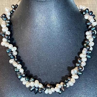 Vintage Multi Strand 18 Inch Fresh Water Pearl White & Grey Necklace 