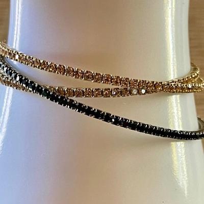 (3) Crystal Rhinestone Wrap Bracelets (2) Pink With Gold Tone & (1) Black Silver Tone 