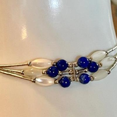 Sterling Silver Liquid Bead Three Strand 7 Inch Bracelet With Mother Of Pearl & Lapis Beads Weight 4.21 Grams