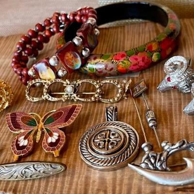 Assorted Vintage Jewelry - Wood Painted Bangle Bracelet - Ram Cuff Links (as Is ) Pins - Hat Pins & More 