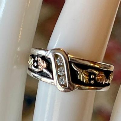 Black Hills Gold - Sterling Silver & 12K Gold W (3) Clear Stones Size 7 Ring - Total Weight 8 Grams 